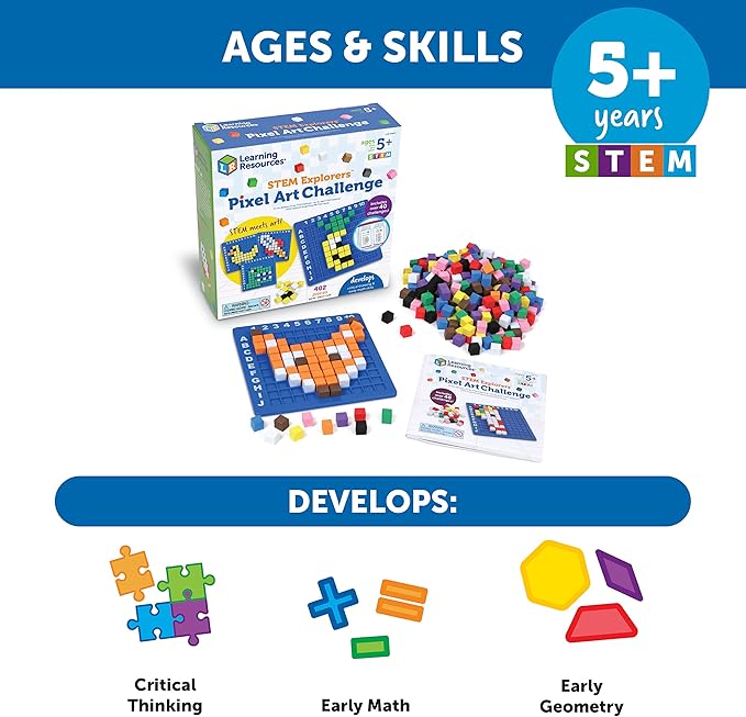 Learning Resources STEM Explorers Pixel Art Challenge - Science Kits & STEM Activities for Kids, Pattern Blocks, Fine Motor Skills, Math Manipulatives, Sorting and Counting, Gifts for Boys and Girls