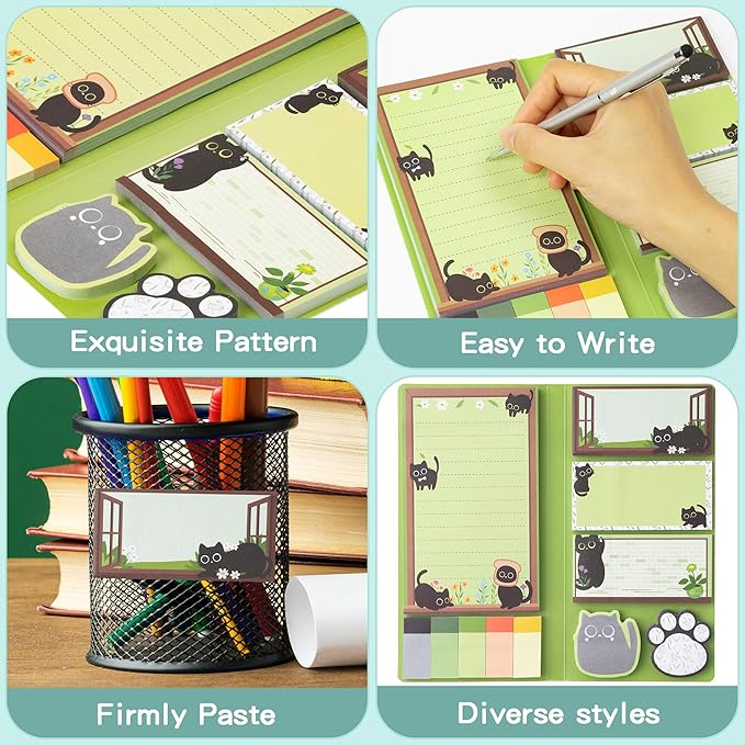 B1ykin Cute Sticky Notes Set - Wildflower Lovely Black Shaped Self-Stick Notes Pad, 550 Sheets Writing Memo Pages Sticky Notepad for Teacher Appreciation Gifts, School Office Supplies (Cat Floral)