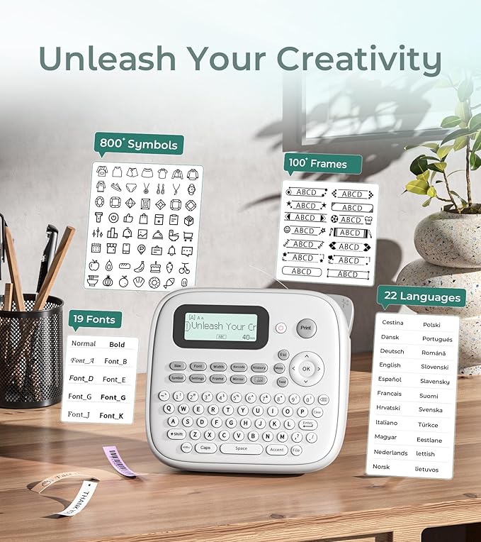Label Maker Waterproof Labels, Labeler Machine with Tape, D210s Labeling Maker, 16+ Bolder/Handwritten Fonts & Intuitive Shortcut Keys, 12mm Removable Freezer Food Labels for Jars/Containers/Bottle