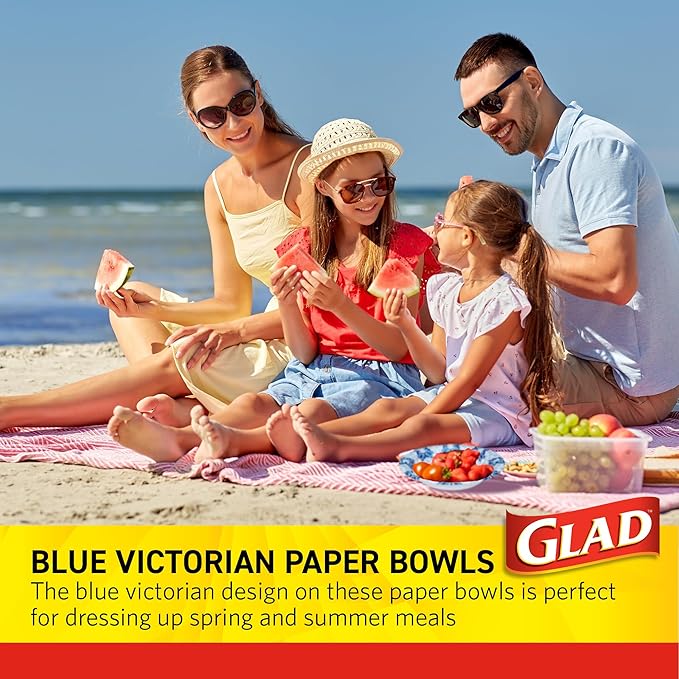 Glad Round Disposable Paper Bowls, Green Victorian Design - Heavy Duty, Soak Proof, Cut-Resistant, Microwavable Bowl for All Foods & Daily Use, 16 Oz, 50 Count