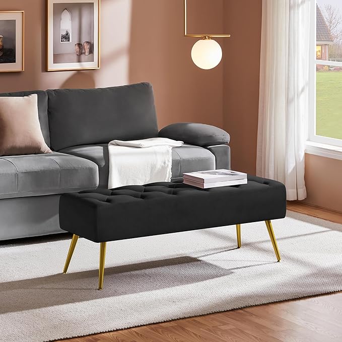 Yaheetech 45" Black Ottomans, Velvet End of Bed Bench, Ottoman Foot Rest with Gold Legs for Living Room, Bedroom, Entryway, Black