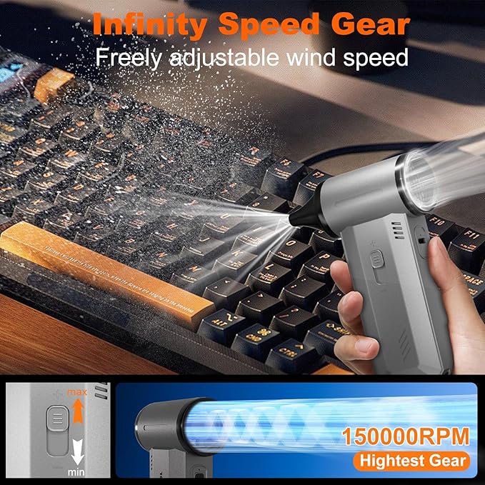 2-in-1 Compressed Air Duster-150000RPM Super Power Electric Air Duster with 8000mAh Battery, Continuously Adjustable Speed Rechargeable Air Duster for PC Keyboard, Car, Home, and Outdoor