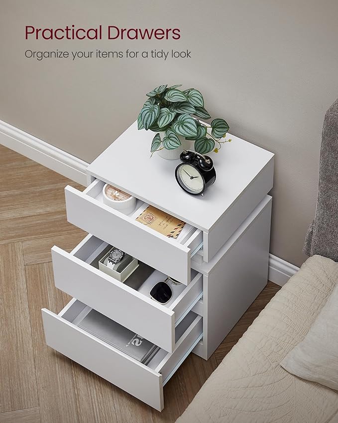 VASAGLE Nightstand with LED Lights, Adjustable Light Colors, Bedside Table, Side Table with 3 Drawers, Modern Style, 13.8 x 15.7 x 21.7 Inches, Cloud White LET630T12