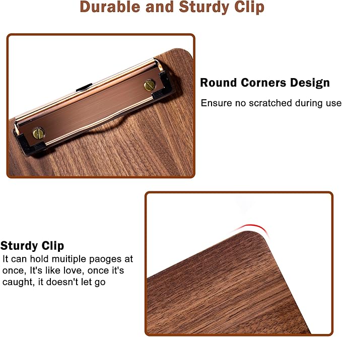 Walnut Wood Clipboard, 9" x 6.3" Small Menu Clip Board with Metal Clip and Stable Base, Solid Hardwood, Smooth Edges, Free Stand Holder for Bar, Restaurant, Coffee Shops, Countertops
