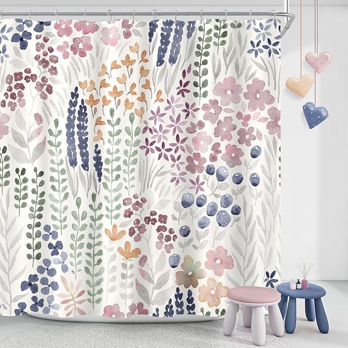 Cute Floral Shower Curtain, Mauve Boho Flower Fabric Shower Curtain, Funky Watercolor Wildflower Shower Curtain Set, Cottagecore Bohemian Bathroom Decor, 72x72