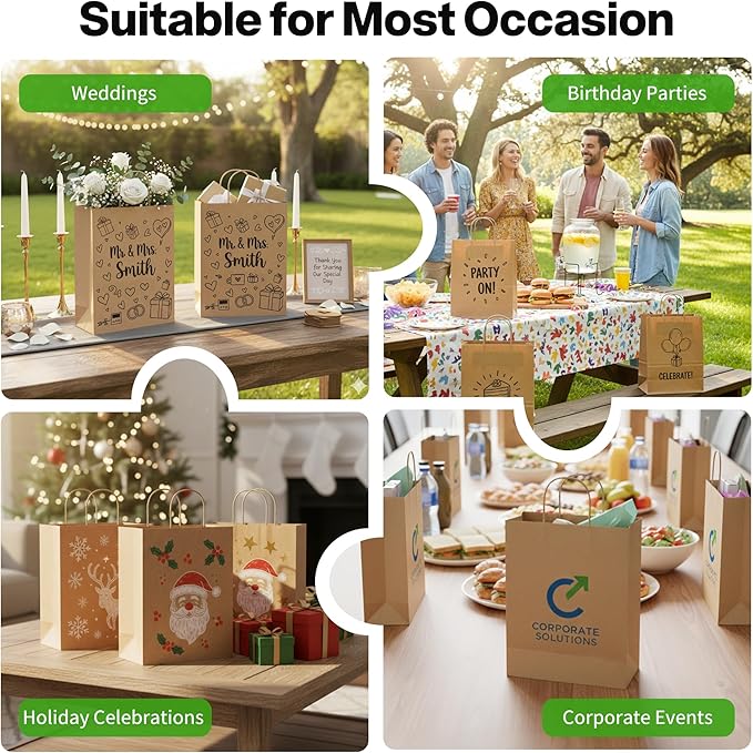Simple Deluxe 100 Pack Kraft Paper Bags with Handles 10x5x13 - Made in USA -15 Lb Max Load - 100% Recycled Natural Brown Shopping Bags for Retail, Gifts & Merchandise (Premium 90GSM)