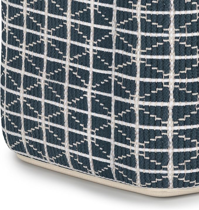SIMPLIHOME Noreen Boho Square Pouf in Dark Blue and White Handloom Woven Pattern for the Living Room, Bedroom and Kids Room