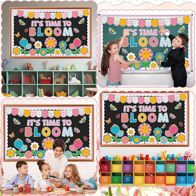 Spring Bulletin Board Set Decorations Colorful Flower Bee Paper Cutouts Spring Bloom Floral Classroom Bulletin Board Decoration Kit for School Home Chalkboard Window Holiday Party Decor