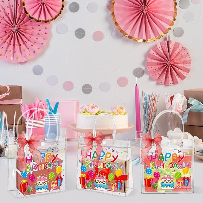 H1vojoxo Birthday Party Gift Bags - 24PCS Happy Birthday Clear PVC Gift Bags with Handles 10 Yards Red DIY Bow Ribbon 7.9x7.9x3.1 Inches Reusable Clear PVC Birthdays Gift Wrap Tote Bag for Kids Adults