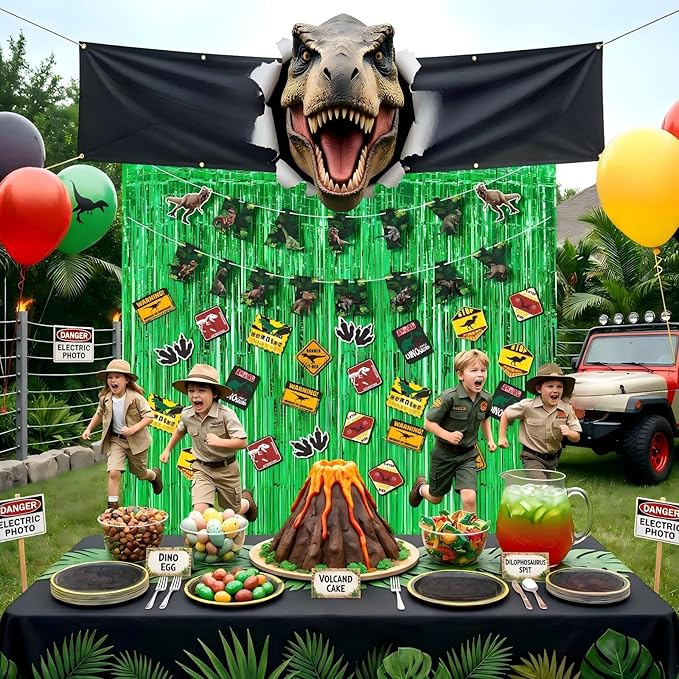 Epakh 39 Pcs Dinosaur Birthday Party Decorations Includes 24 Pieces Dino Paper Cards Decor 13 Pcs Dino Happy Birthday Banner 2 Foil Fringe Curtain Backdrop for Photo Prop Dinosaur Themed Party Supply