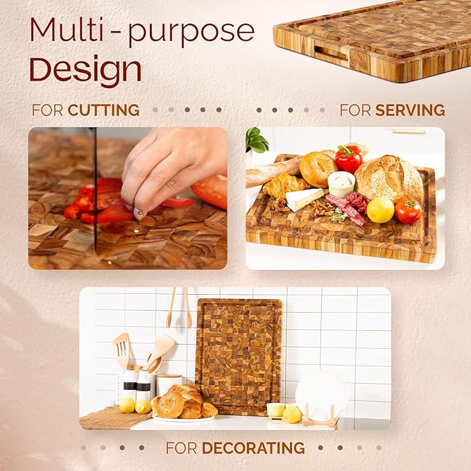 Yes4All Durable Teak Cutting Boards for Kitchen, [20''L x 15''W x 1.5” Thick] Large End Grain Cutting Board, Pre Oiled Wood Cutting Boards, Thick Chopping Board w/Juice Grooves and Easy Grip Handle