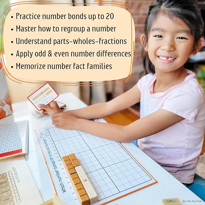 LITTLE BUD KIDS House of Number Buddies Math Game, a Number Bonds Math Toy with Counting Rods and Addition & Subtraction Flash Cards, a Montessori Material for Kids 4-8 Years Old