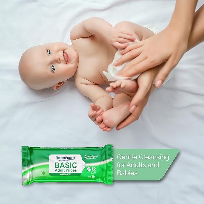 TenderProtect® Basic Adult Wipes, Large 8” x 10”, Super Soft Wash Cloths for Skin Cleansing, Everyday Wipes for Adults and Babies, Incontinence Care, Unscented & Hypoallergenic, 500 count(10pks of 50)