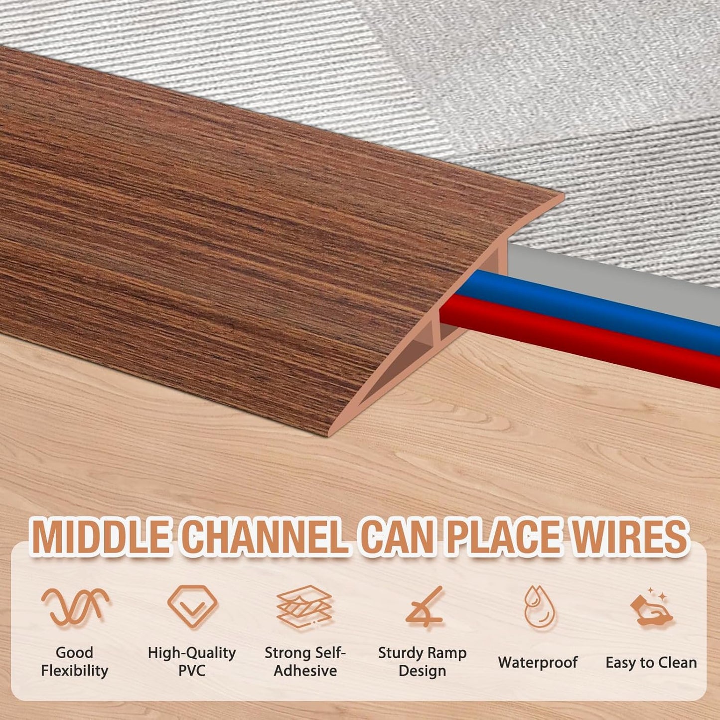 Floor Transition Strip Self Adhesive Vinyl Door Threshold for Doorways Carpet Edging Trim Overlap Edge Reducer for Laminate Floor, Carpet, Tile (Light Brown Wood Grain, 3/5" to 4/5", 6.6Ft)