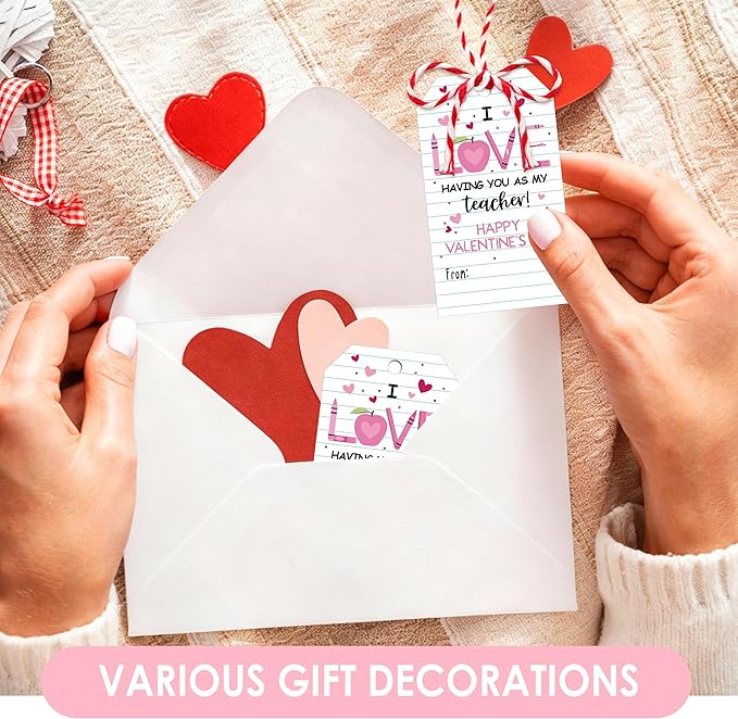 50Pcs Teacher Valentine's Day Tag - Happy Valentine Tags with String, Teacher Gift Label Idea Valentines Activity School Classroom Party Favors