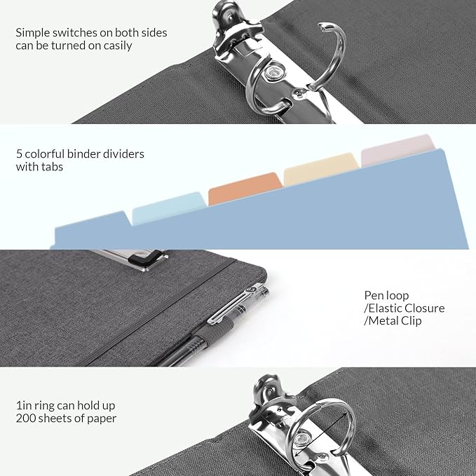 SKYDUE Clipboard Binder with Dividers,1 Inch 3 Ring Binder with Clipboard on Front for Organizer, Clipboard Folder with Pocket, Labels Office Supplies Gray