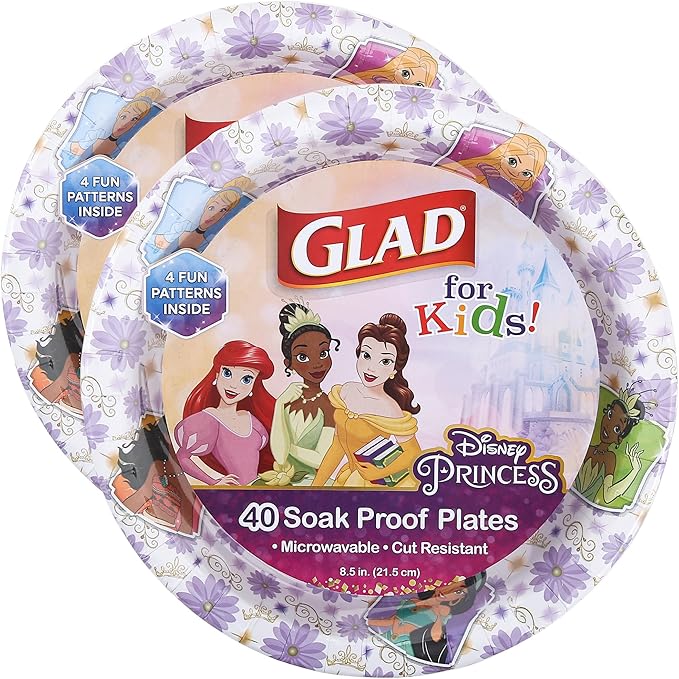 Glad Disney Princess Kids Paper Plates, Heavy Duty Soak Proof and Microwavable, Cut Resistant Disposable Snack Plates for Everyday Meals, School Lunches and Birthday Parties, 8.5 Inch, 40 Count - 2 Pk