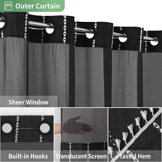 Boho Farmhouse No Hook Shower Curtain Set with Snap-in Fabric Liner,Heavy-Duty Linen Textured Rustic Striped Design,Water-Repellent with Tassels and Sheer Window,Black,71x74