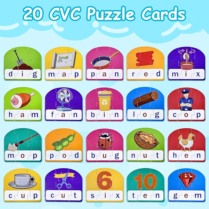 CVC Puzzle Cards for Kids: 20 Pieces Phonics & Spelling Games for Toddlers, Preschool & Kindergarten – Ideal for Speech Therapy & Early Learning Classrooms, Preschool Classroom Must Have