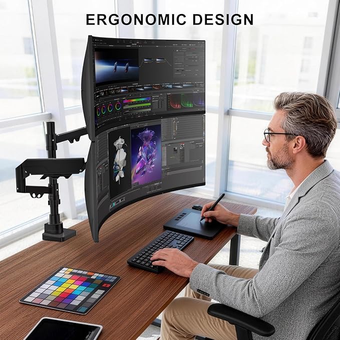WALI Vertical Dual Monitor Mount for 17-49 inch Ultrawide Curved Screens, Heavy Duty Stacked Dual Monitor Stand for Desk, Adjustable Gas Spring Monitor Arm up to 33lbs, VESA Mount 75/100mm, Black