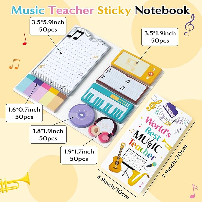 B1ykin Cute Sticky Notes Set - World’s Best Music Teacher Self-Stick Notes Pad, 550 Sheets Writing Memo Pages Sticky Notepad for Appreciation Gifts, School Office Party Supplies (Music Teacher)