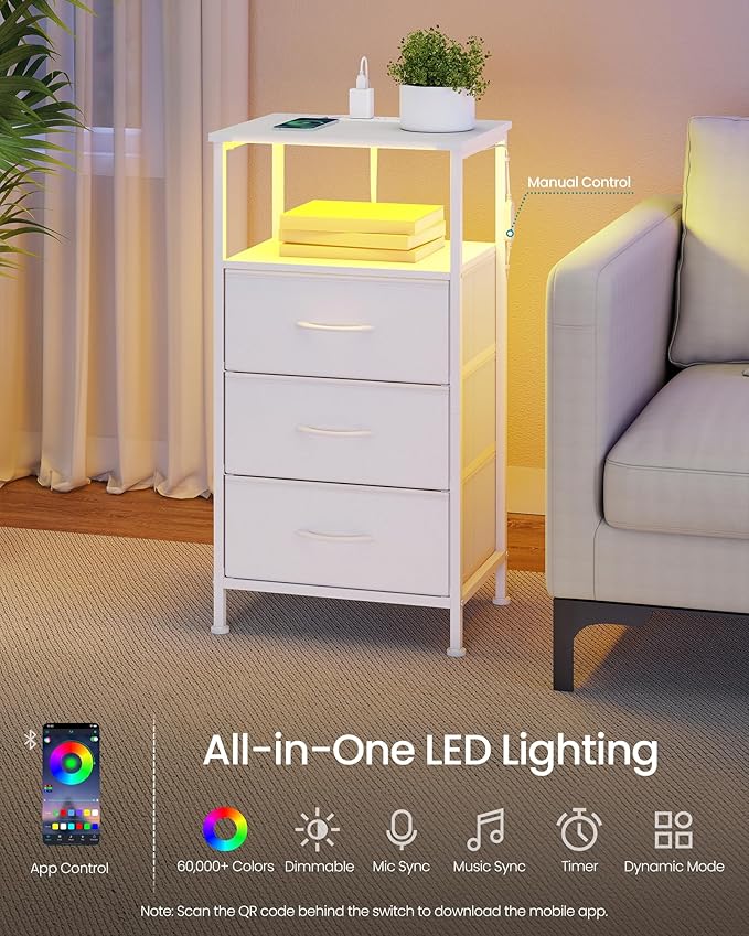 SONGMICS BELLAH Collection - Nightstand with Charging Station and App-Controlled Adjustable LED Lights, Bed Side Table, 3 Drawer and 1 Open Shelf, Bedroom, Cloud White and Snow White ULGS303WH01S