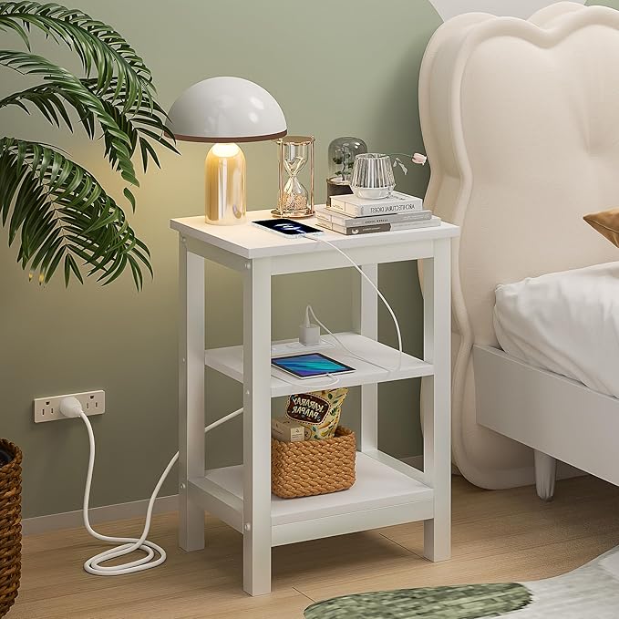 VECELO Modern Nightstands with Charging Station,Side End Table Night Stand with Storage Shelf for Small Spaces, Bedroom,Living Room