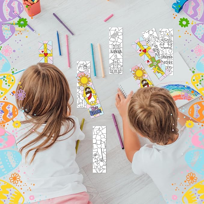 75Pcs He is Risen Color Your Own Bookmarks Easter Bunny DIY Coloring Blank Bookmark Jesus Resurrection Classroom Art Craft Supplies for Teachers Students Spring Party Religious Reward Goodie Fillers