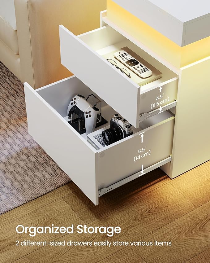 VASAGLE Kailyn Collection - Nightstands with Power Outlets, Sliding Lid, Modern Bedside Tables with LED Lights, End Tables, 2 Drawers, Set of 2, 15.7 x 18.9 x 26.8 Inches, Cloud White ULET650WB01S-2J