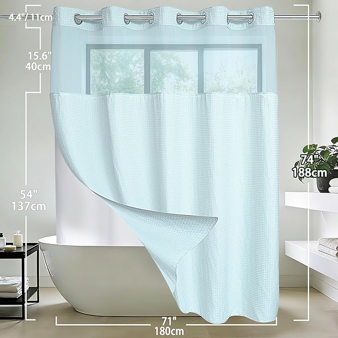 Conbo Mio No Hook Waffle Weave Shower Curtain with Snap in Liner Set, Hotel Luxury Blue Shower Curtains for Bathroom with See Through Top Window, Waterproof, Washable 71W x 74H
