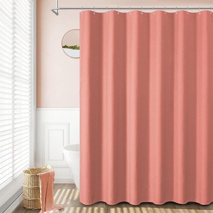 Dynamene Extra Long Shower Curtain - 84 Inch Long Waffle Weave Heavy Duty Fabric Bathroom Shower Curtain, Neutral Weighted Hotel Thick Bath Curtain Set with 12 Plastic Hooks,72x84, Coral