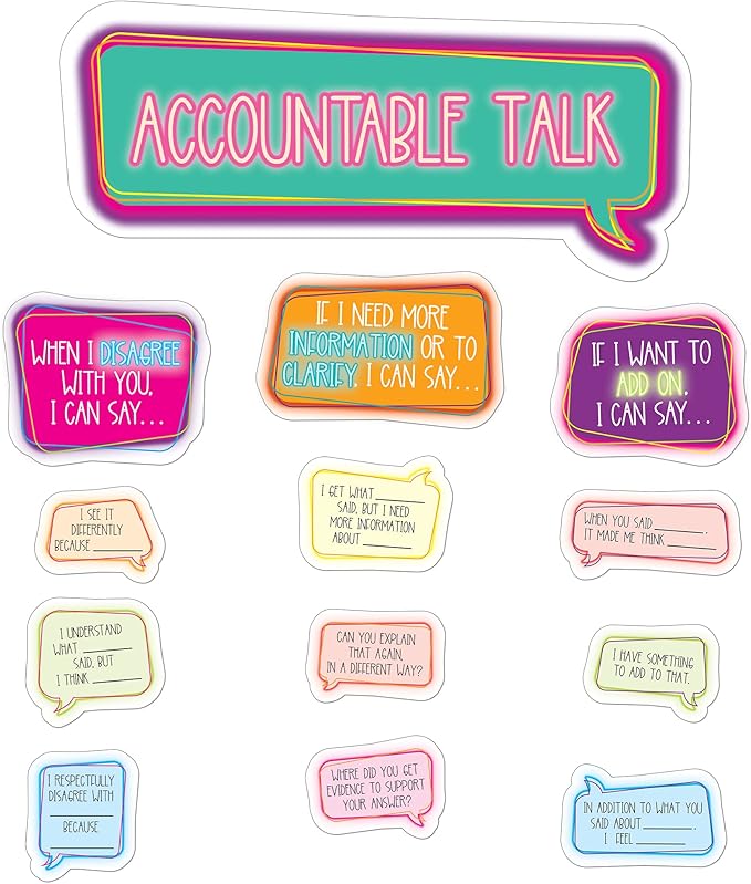 Carson Dellosa Accountable Talk Bulletin Board Set—Sentence Stem Speech Bubbles and Category Topic Signs for Group Discussions and Social-Emotional Learning, Homeschool or Classroom Décor (31 pc)