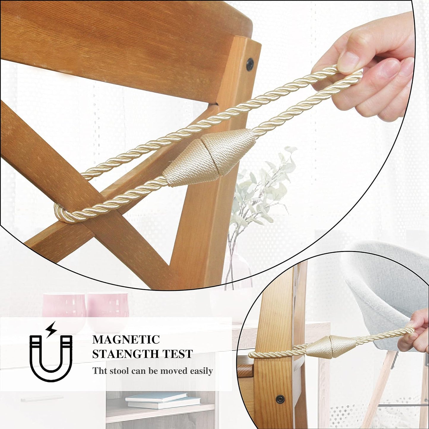 4 Pack Magnetic Curtain Tiebacks Rope Modern Handmade Curtain Tie Backs Decorative Drapes Weave Holdbacks for Window Décor, Beige