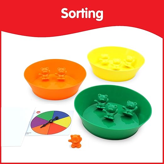 edxeducation Counting Bears with Matching Bowls | 60 Counters, 6 Bowls, 2 Spinners | Color Sorting Sensory Toys | Early Math Manipulatives