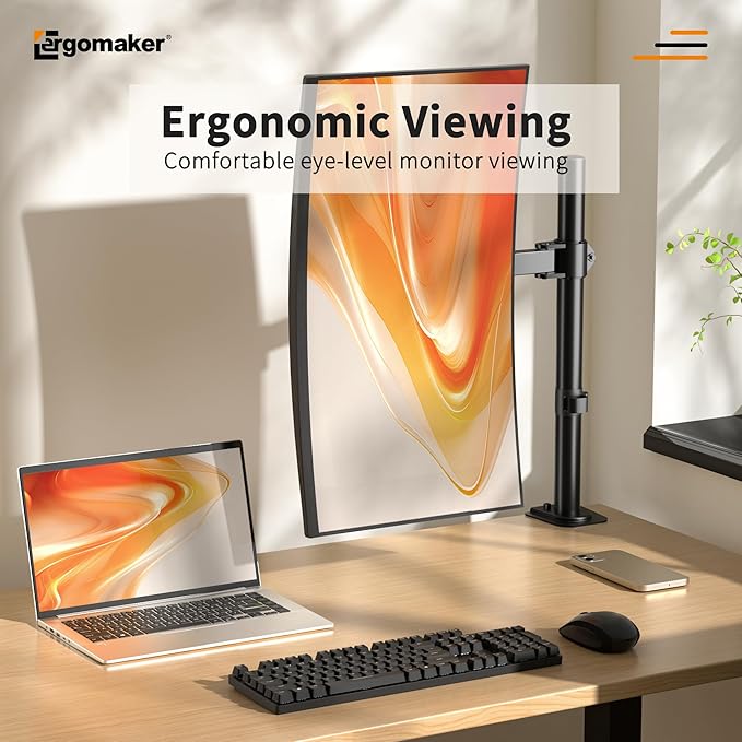 ERGOMAKER Single Monitor Mount for Desk, Monitor Stand Fits 13" to 27" LCD Screens, Fully Adjustable Display Arm with C-Clamp and Grommet Base, VESA 75x75 100x100mm, Black