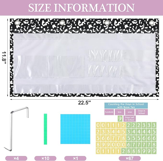 Back to School Counting The Days with Base Ten Pocket Chart Place Value, Counting Caddie Pocket Chart for Classroom Bulletin Board School or Home Decor, 4 Hooks(Black,Composition Notebook)