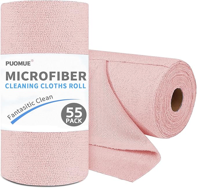 55 Pack Microfiber Cleaning Cloth Roll, Tear Away Reusable Towels, 11" X 9", Ultra Absorbent & Lint Free Microfiber Cloth for Cleaning Cars, Kitchen, Window, Home and Shop (Pink, 9"X11"-55PK)