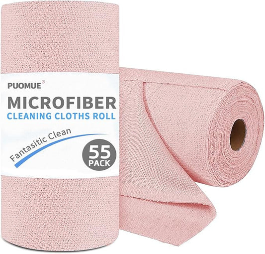 55 Pack Microfiber Cleaning Cloth Roll, Tear Away Reusable Towels, 11" X 9", Ultra Absorbent & Lint Free Microfiber Cloth for Cleaning Cars, Kitchen, Window, Home and Shop (Pink, 9"X11"-55PK)