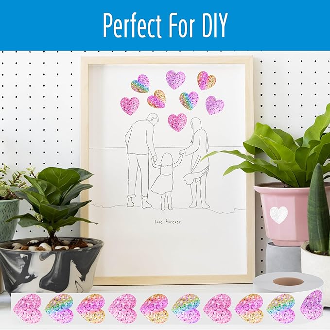 500 Glitter Heart Stickers, Pink Metallic Sparkling, Waterproof Self Adhesive Reflective Heart Stickers for Wedding, Valentine's Day Supplies (Each Measures 1')