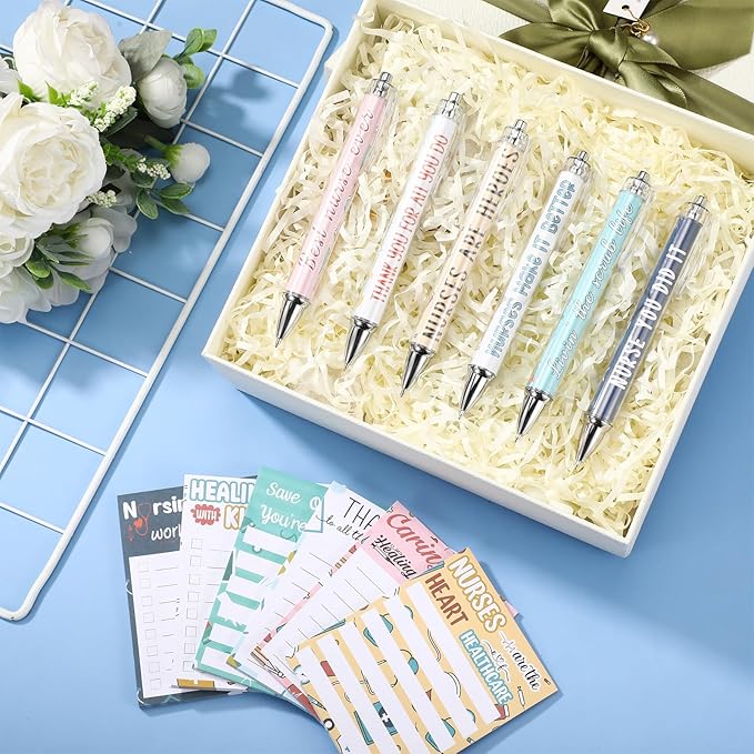 Thenshop 6 Set Nurse Appreciation Gifts 6 Nurse Sticky Notes and 6 Fun Ballpoint Pens Thank You Gifts for Nurse Office Supplies