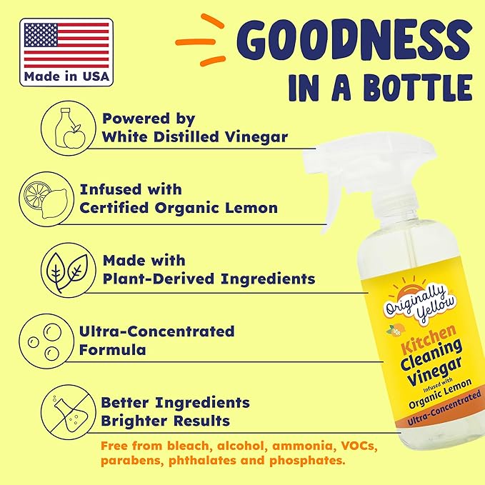 Originally Yellow Plant-Based Kitchen Cleaner | Powered by Natural Vinegar & Infused with Organic Lemon | Multipurpose Kitchen Counter Cleaner Works on Tile, Wood, Granite, & Marble, 16 Fl Oz (3-Pack)