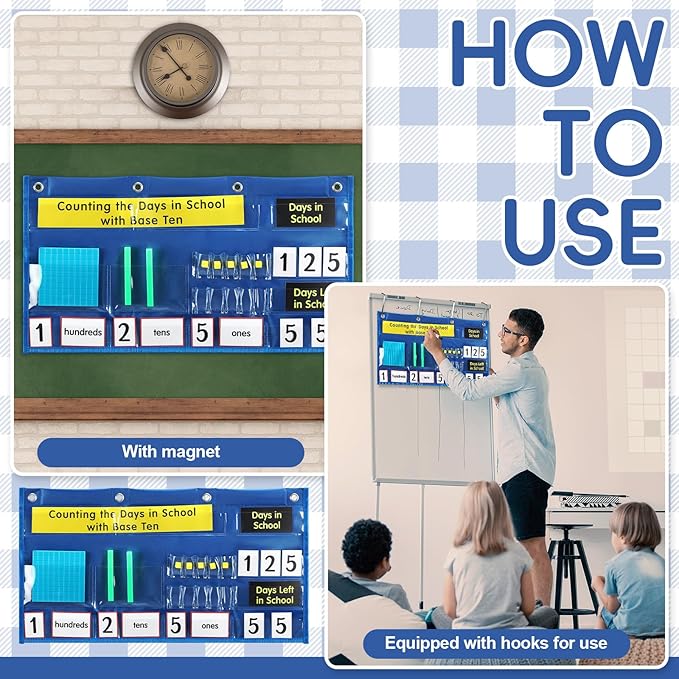 Back to School Counting The Days with Base Ten Pocket Chart Place Value, Counting Caddie Pocket Chart for Classroom Bulletin Board School or Home Decor, 4 Hooks(Blue,Classic Style)