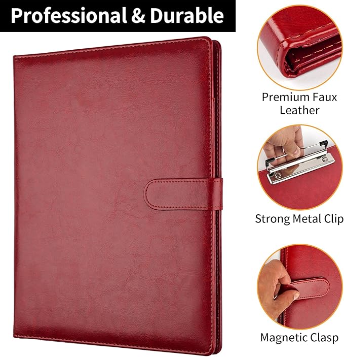 Professional Padfolio with Clipboard, Faux Leather Portfolio Folder Binder, Legal Pad Holder for A4 Letter Size Notepad, Resume, Writing, Ideal Organizer for Business Office Conference (Red)