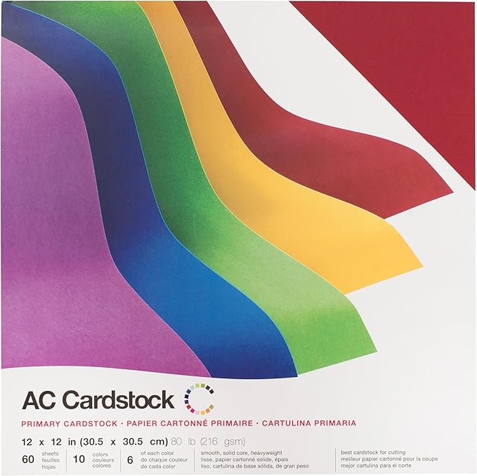 Smooth Cardstock 12x12 Paper - Colored Craft Paper for Die Cutting, Card Making, Scrapbooks - 60 Heavy Duty Sheets, 10 Unique Colors, 80lb (216gsm), Solid Core - Primaries