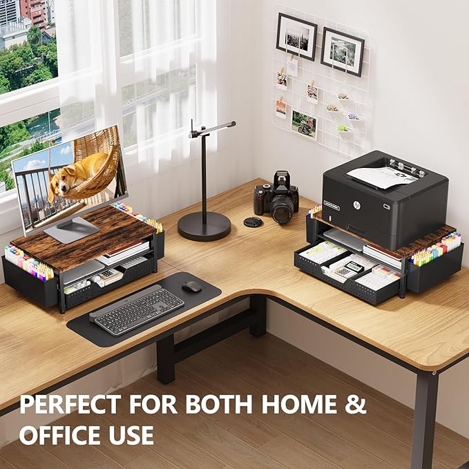 OPNICE Wood Desk Organizers and Accessories, 2-Tier Computer Monitor Stand Riser with Drawer and 2 Pen Holders, Laptop Stand, Office Desk Accessories for Office Supplies, Brown