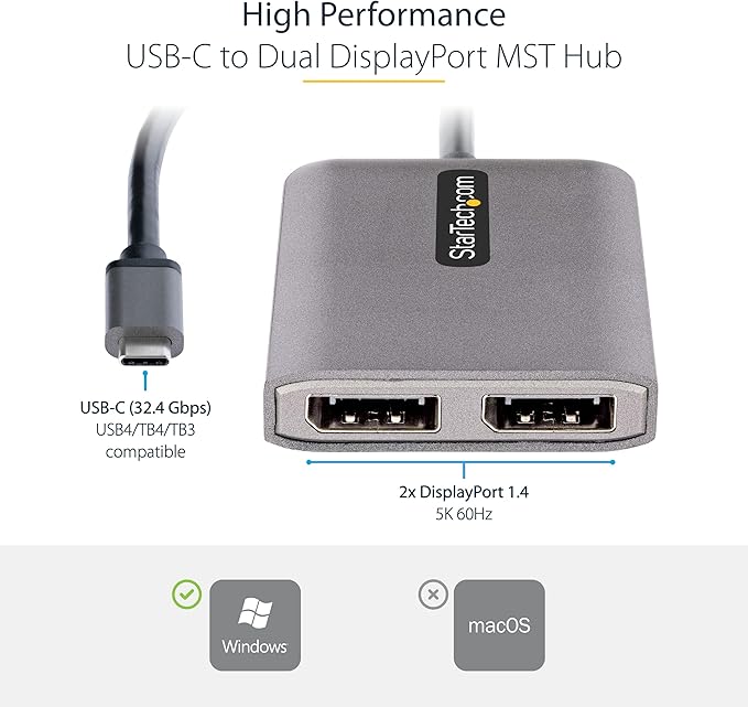 StarTech.com USB-C to Dual Displayport 1.4 Adapter, USB Type-C Muliti-Monitor MST Hub, Dual 5K 60Hz DP Laptop Display Extender / Splitter, HDR, Extra-Long Built-In Cable, Windows Only (MST14CD122DP)