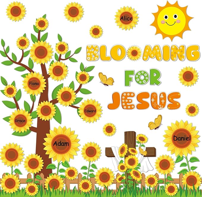 gisgfim Sunflower Bulletin Board Decoration Set Summer Religious Cutouts for Classroom School Welcome Blooming for Jesus Spring Christian Bulletin Board Craft Door Home Wall(Blooming for Jesus)