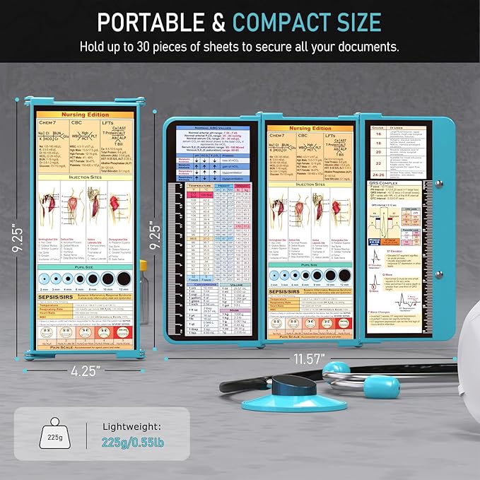Nursing Clipboard Foldable, Foldable Clipboard w/Nursing Edition Cheat Charts,3 Layers Aluminum, Nurse Clipboard w/Low Profile Clip&Pen Clip Pocket for Students, Nurses and Doctors, Blue