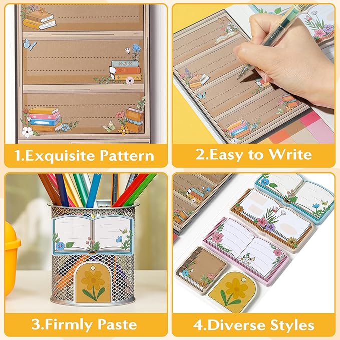 B1ykin Cute Sticky Notes Set - Just One More Chapter Self-Stick Notes Pad, 550 Sheets Writing Memo Pages Sticky Notepad for Teacher Appreciation Gift, School Office Party Favors Supplies (Wildflower)