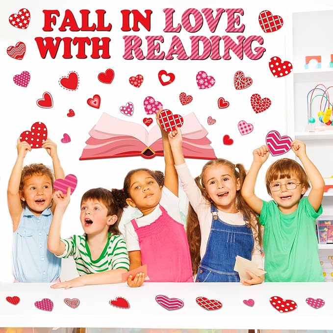 gisgfim Valentine's Day Reading Bulletin Board Decorations Set Valentines Red Heart Borders Cutouts for Party School Classroom Door Welcome Bulletin Board Craft Home Wall(Fall in Love with Reading)